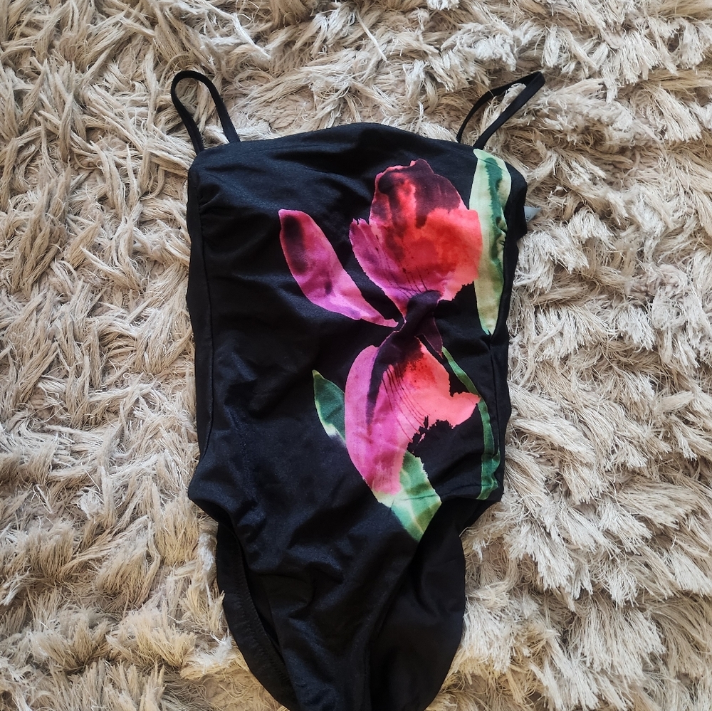 Brand New Never Worn Floral Black Swimsuit with Pink and Green Accents